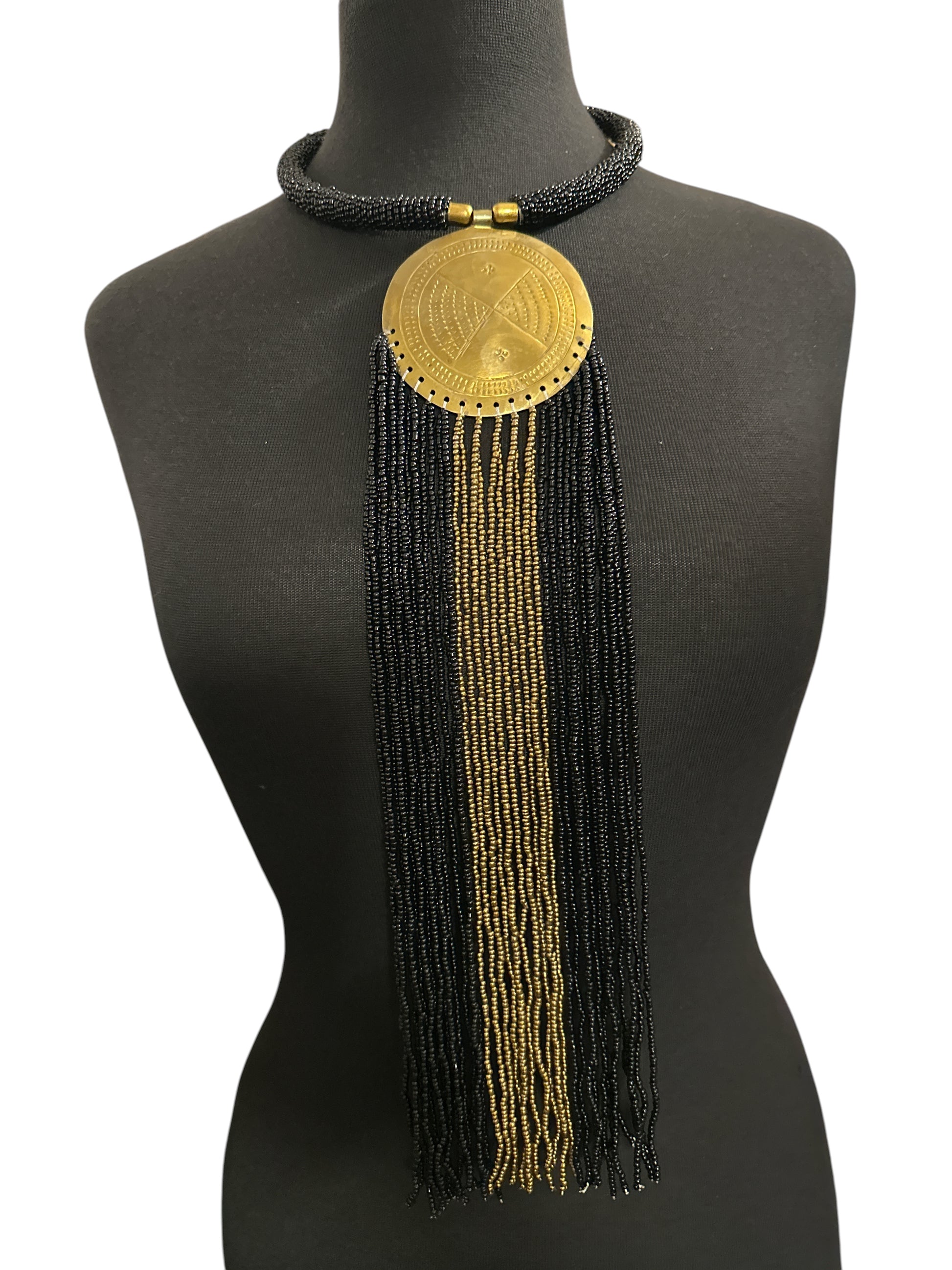 African Brass Pendant Necklace – Black & gold Beaded Fringe Statement - Fatisha Boutique