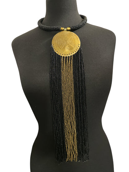 African Brass Pendant Necklace – Black & gold Beaded Fringe Statement - Fatisha Boutique