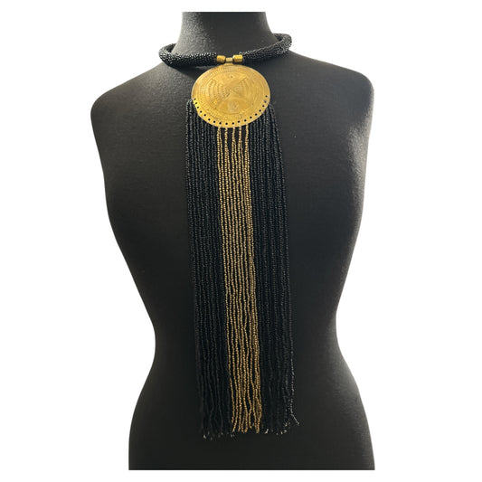 African Brass Pendant Necklace – Black & gold Beaded Fringe Statement - Fatisha Boutique