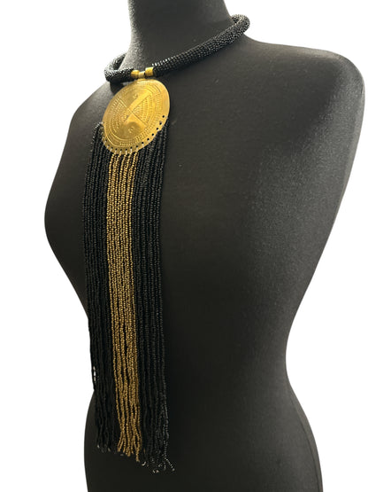 African Brass Pendant Necklace – Black & gold Beaded Fringe Statement - Fatisha Boutique