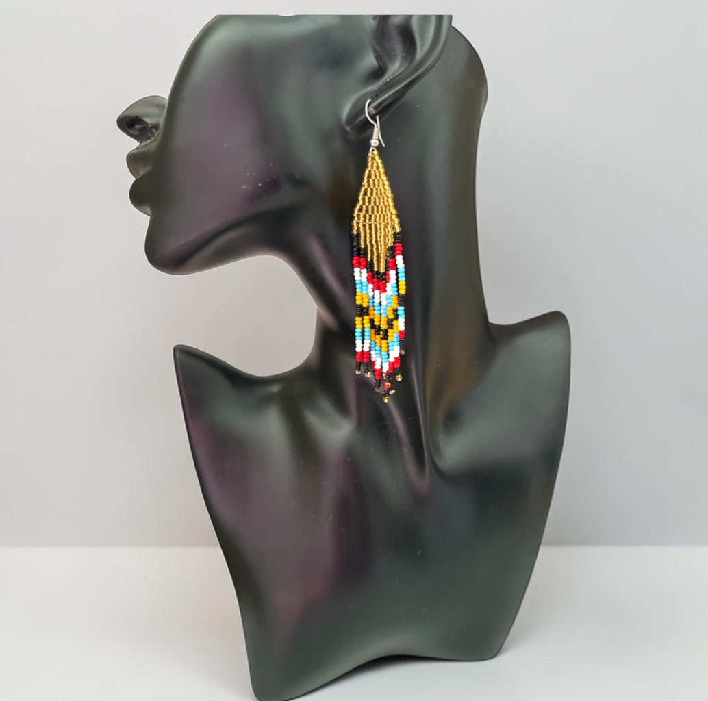African Beaded Statement Dangle Earrings – Multicoloured Striped Fringe Fatisha Boutique