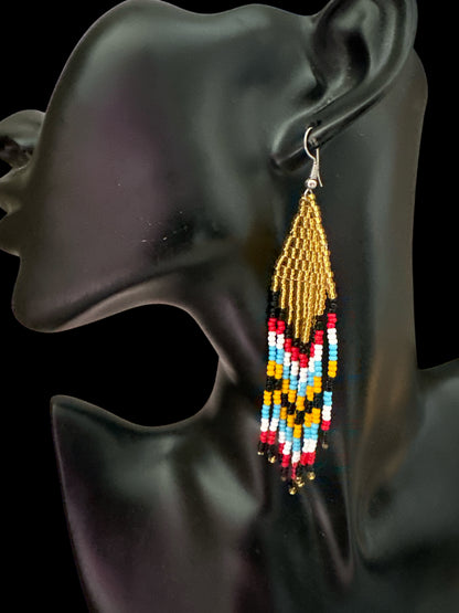African Beaded Statement Dangle Earrings – Multicoloured Striped Fringe
