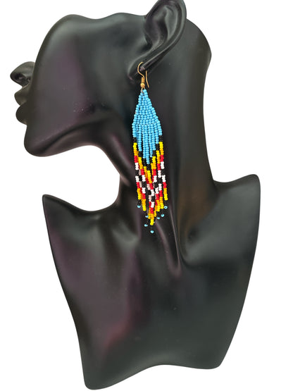 African Beaded Statement Dangle Earrings – Multicoloured Striped Fringe
