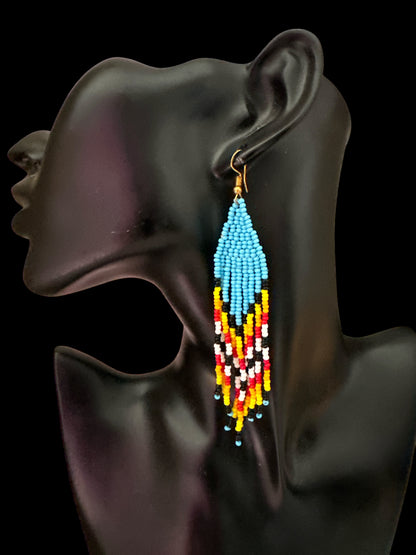 African Beaded Statement Dangle Earrings – Multicoloured Striped Fringe