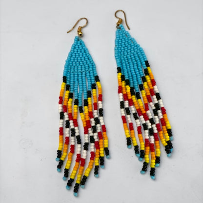 African Beaded Statement Dangle Earrings – Multicoloured Striped Fringe