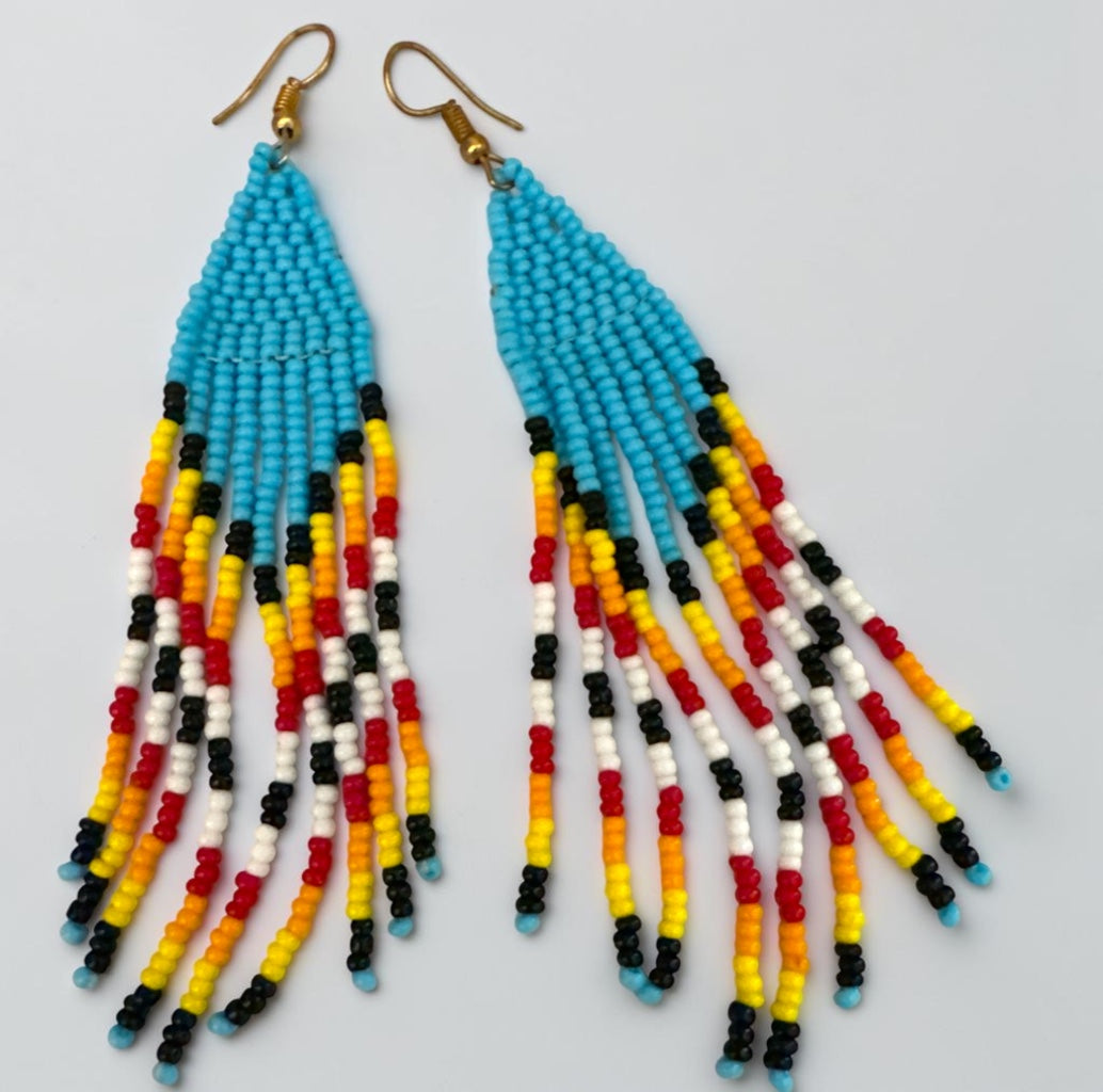 African Beaded Statement Dangle Earrings – Multicoloured Striped Fringe Fatisha Boutique