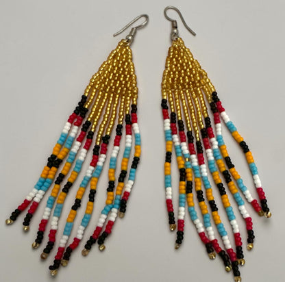 African Beaded Statement Dangle Earrings – Multicoloured Striped Fringe