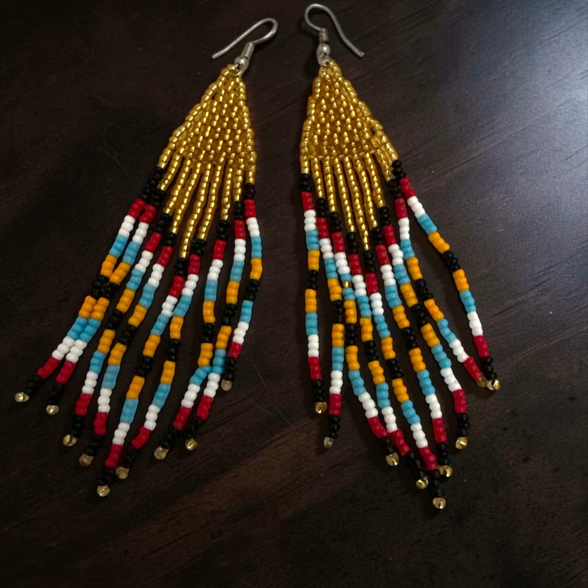 African Beaded Statement Dangle Earrings – Multicoloured Striped Fringe