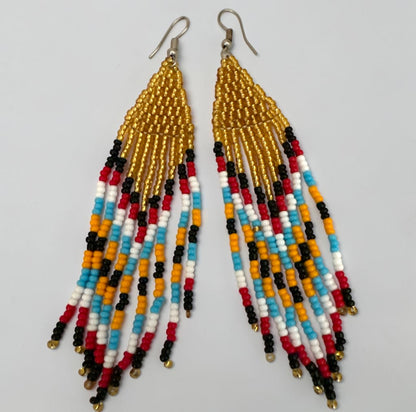 African Beaded Statement Dangle Earrings – Multicoloured Striped Fringe