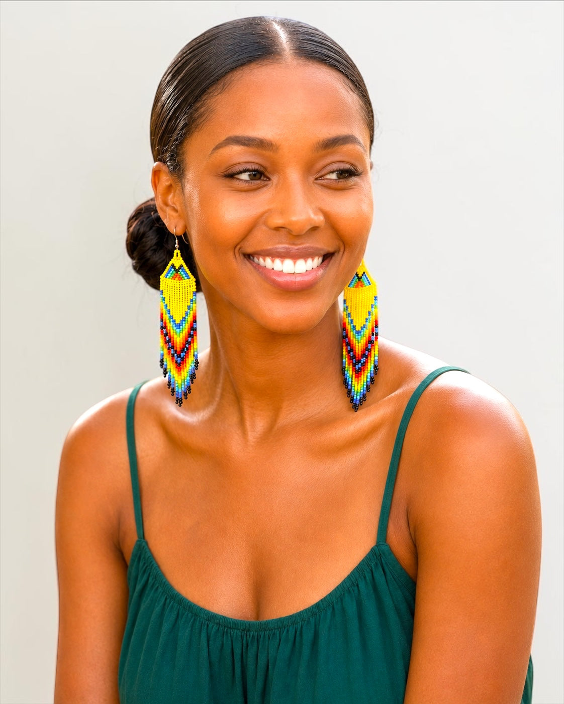 Yellow African Beaded Earrings – Handmade Multicoloured Fringe Drop - Fatisha Boutique Fatisha Boutique