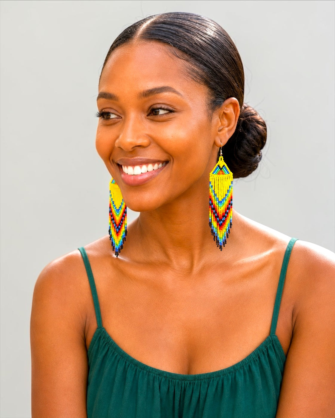 Yellow African Beaded Earrings – Handmade Multicoloured Fringe Drop - Fatisha Boutique Fatisha Boutique