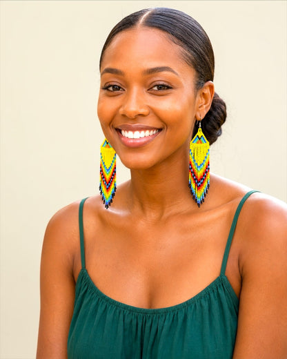 Yellow African Beaded Earrings – Handmade Multicoloured Fringe Drop - Fatisha Boutique