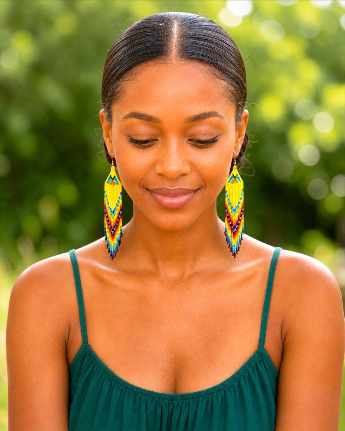 Yellow African Beaded Earrings – Handmade Multicoloured Fringe Drop - Fatisha Boutique Fatisha Boutique