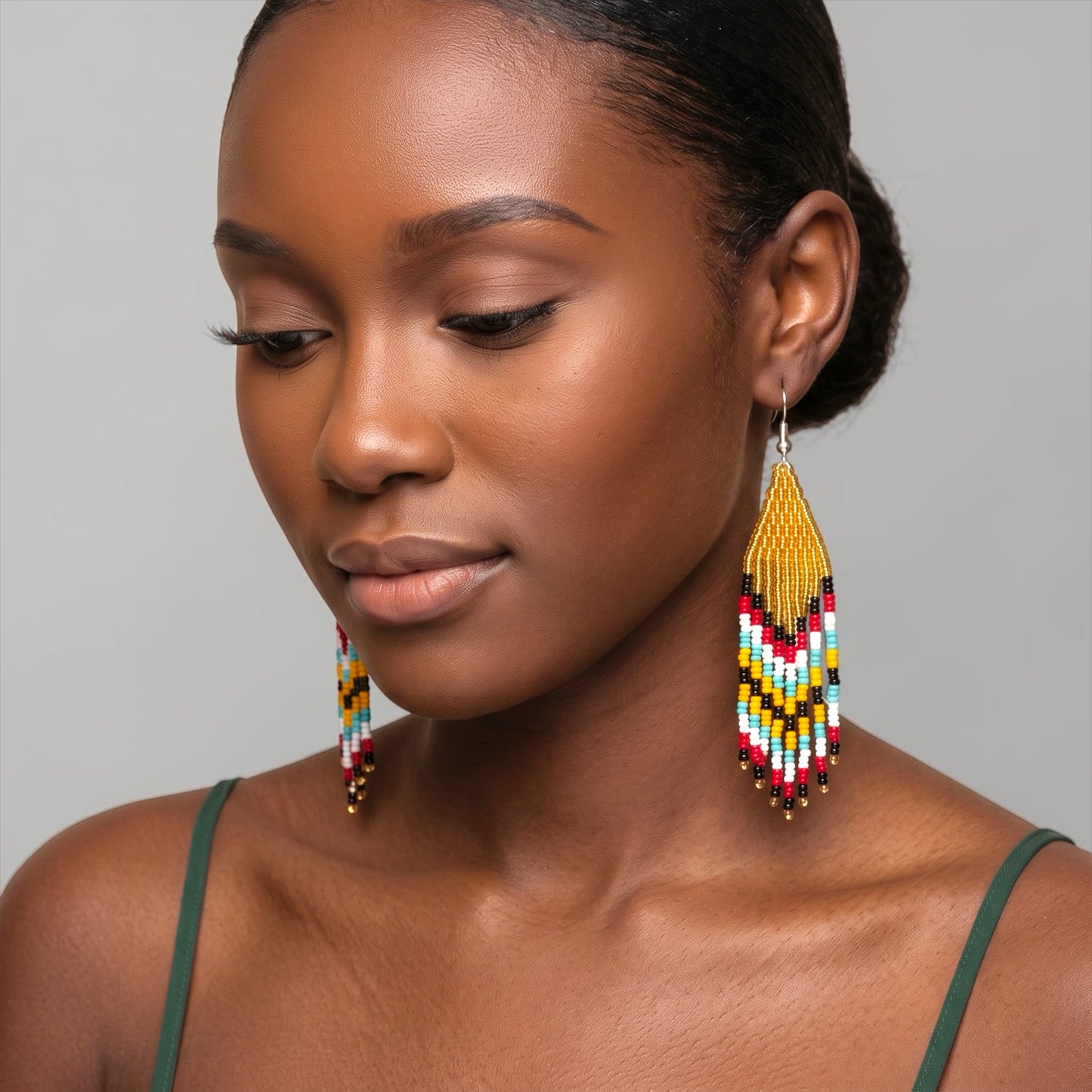 African Beaded Statement Dangle Earrings – Multicoloured Striped Fringe Fatisha Boutique