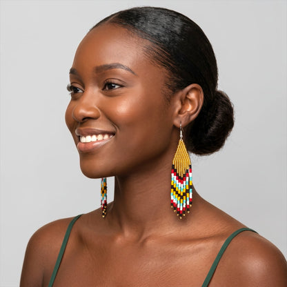 African Beaded Statement Dangle Earrings – Multicoloured Striped Fringe