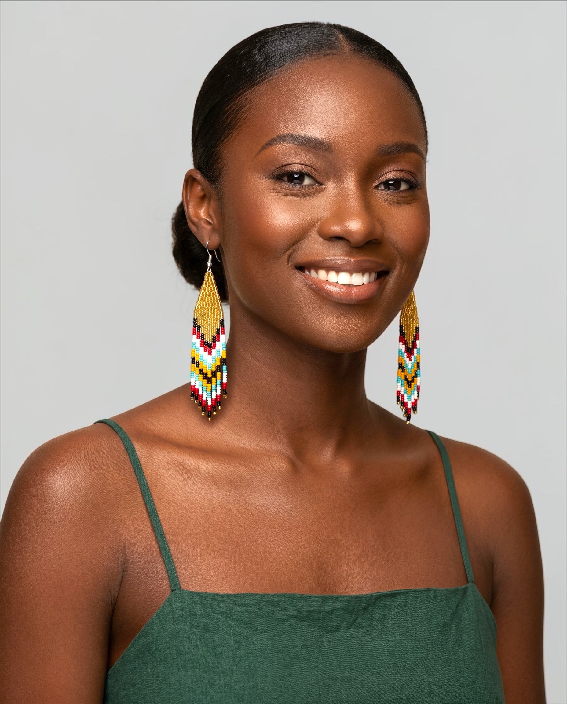 African Beaded Statement Dangle Earrings – Multicoloured Striped Fringe