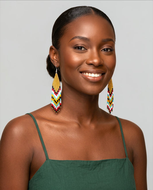 African Beaded Statement Dangle Earrings – Multicoloured Striped Fringe