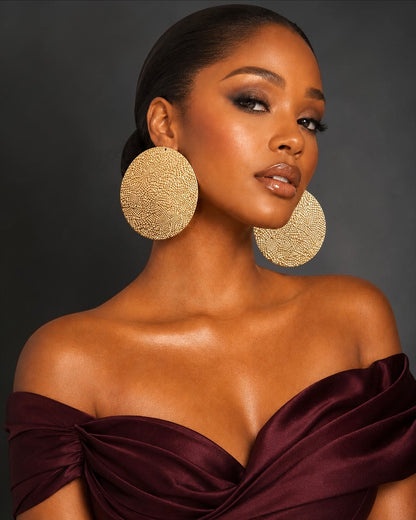 Oversized Textured Gold Disc Statement Stud Earrings