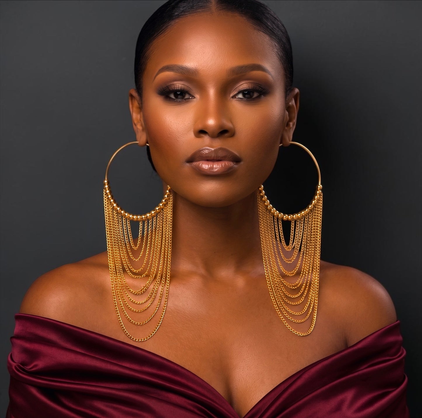 Boucles d'oreilles créoles surdimensionnées à longue chaîne et perles Fatisha Boutique
