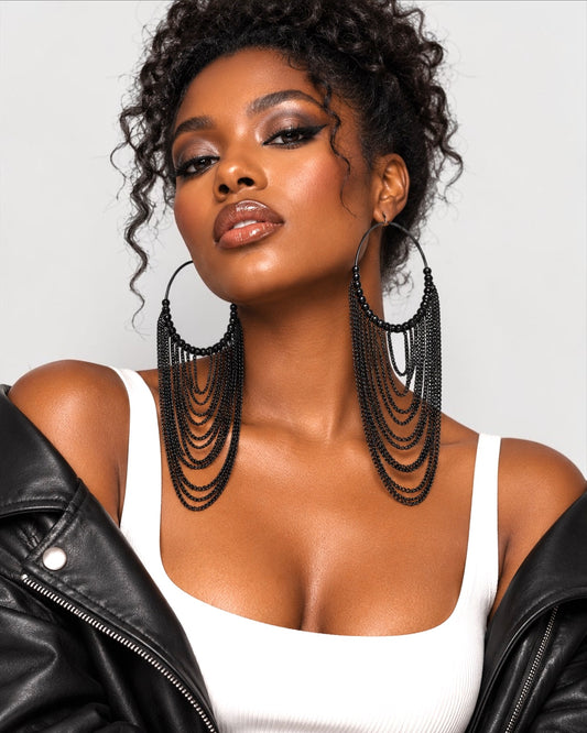 Boucles d'oreilles créoles surdimensionnées à longue chaîne et perles