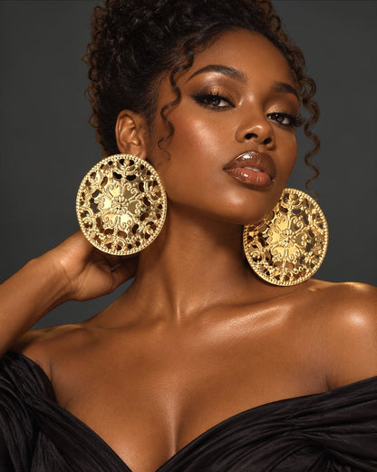 Oversized Gold Floral Medallion Statement Stud Earrings - Fatisha Boutique