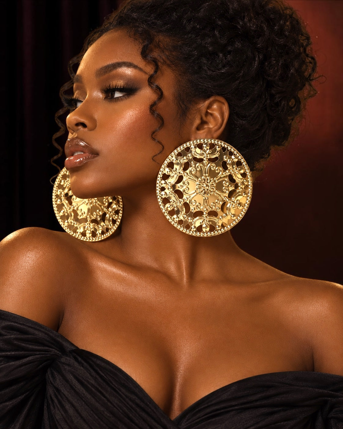 Oversized Gold Floral Medallion Statement Stud Earrings - Fatisha Boutique Fatisha Boutique