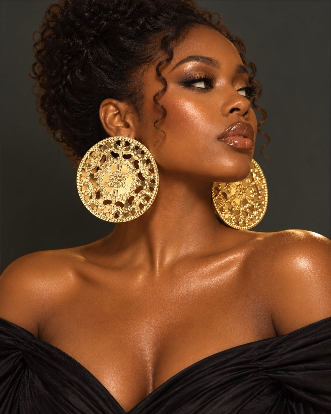Oversized Gold Floral Medallion Statement Stud Earrings - Fatisha Boutique Fatisha Boutique