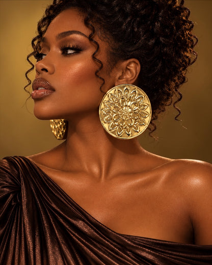 Oversized Gold Embossed Floral Statement Earrings - Fatisha Boutique