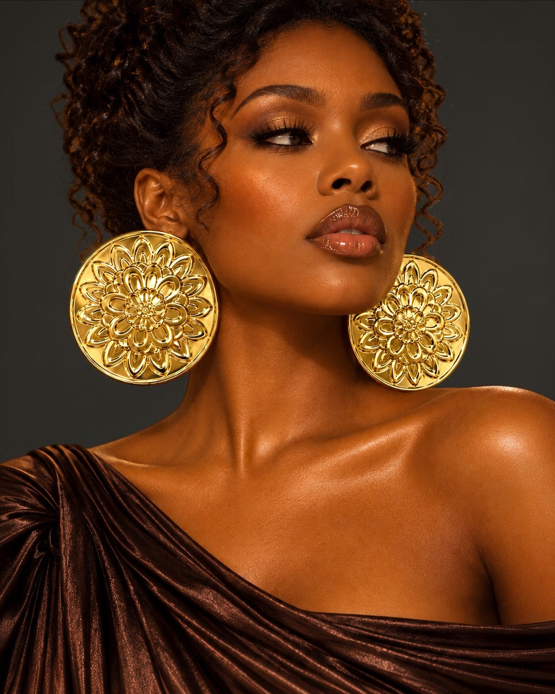 Oversized Gold Embossed Floral Statement Earrings - Fatisha Boutique