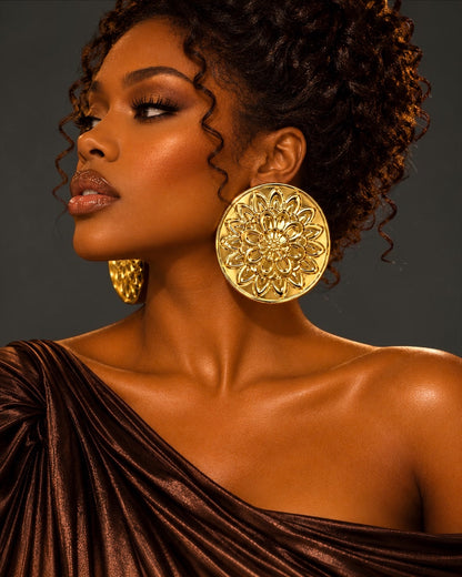 Oversized Gold Embossed Floral Statement Earrings - Fatisha Boutique