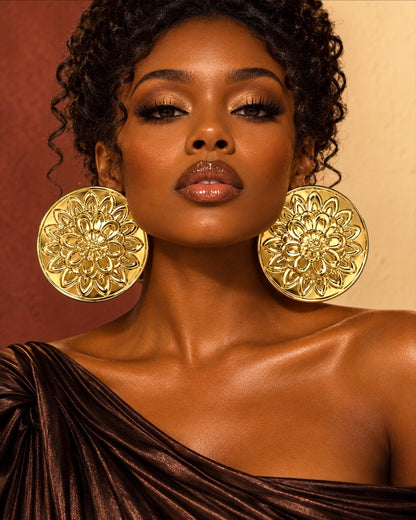 Oversized Gold Embossed Floral Statement Earrings - Fatisha Boutique