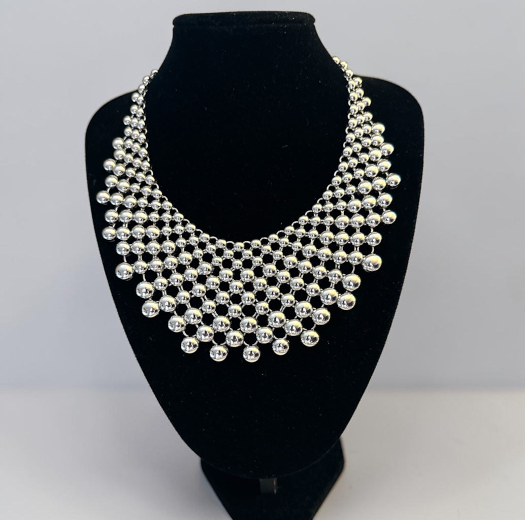 Silver Beaded Bib Statement Necklace – Layered Collar - Fatisha Boutique Fatisha Boutique