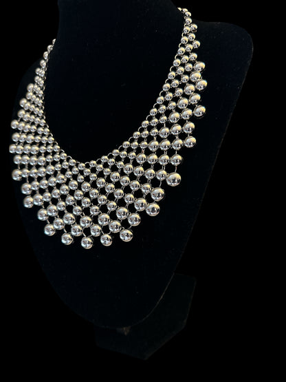 Silver Beaded Bib Statement Necklace – Layered Collar - Fatisha Boutique