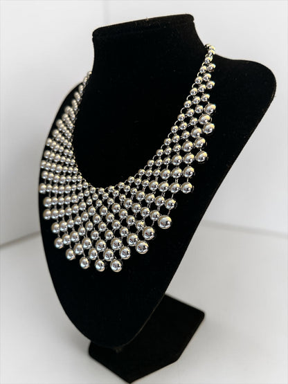 Silver Beaded Bib Statement Necklace – Layered Collar - Fatisha Boutique