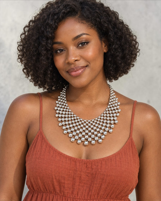 Silver Beaded Bib Statement Necklace – Layered Collar - Fatisha Boutique