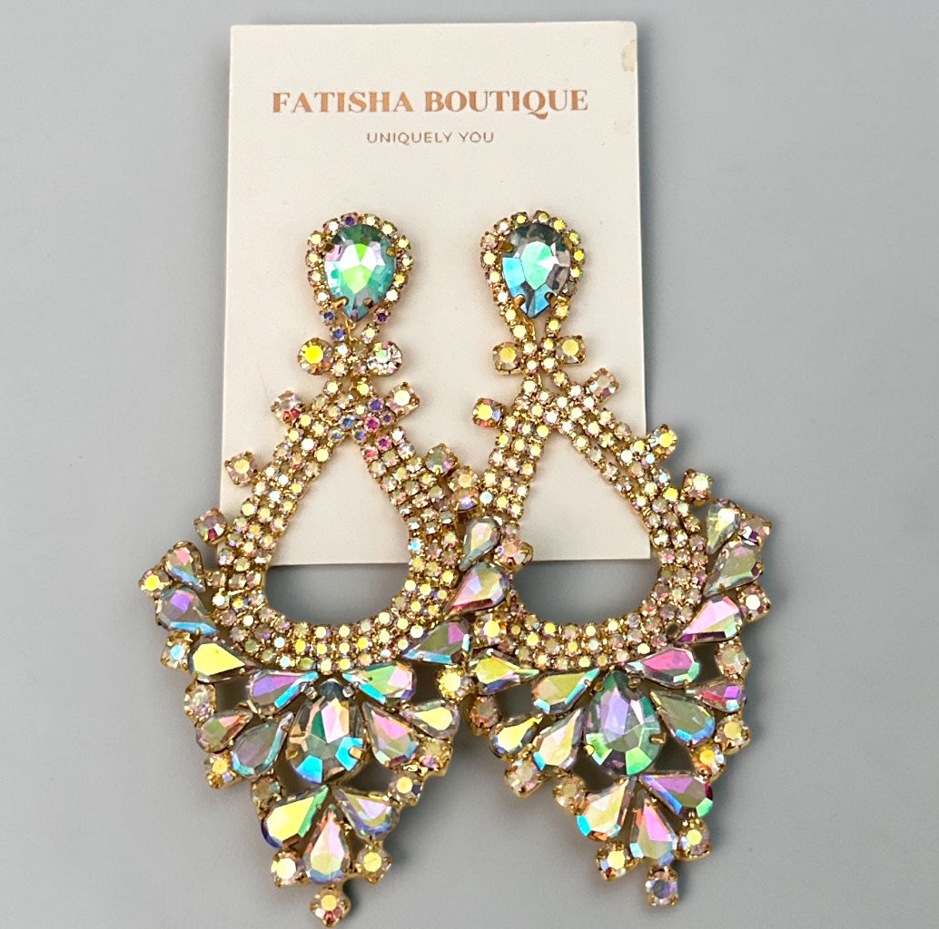 Iridescent AB Rhinestone Teardrop Statement Earrings Fatisha Boutique