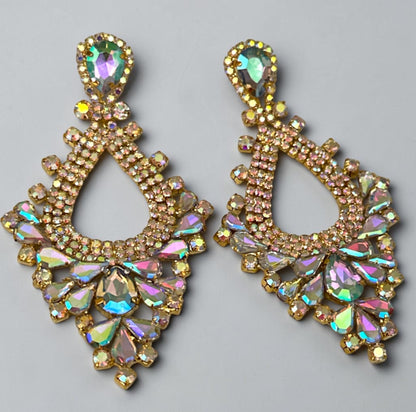 Iridescent AB Rhinestone Teardrop Statement Earrings