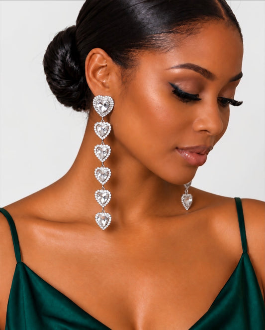 Extra Long Heart Rhinestone Drop Earrings – Gold & Silver - Fatisha Boutique