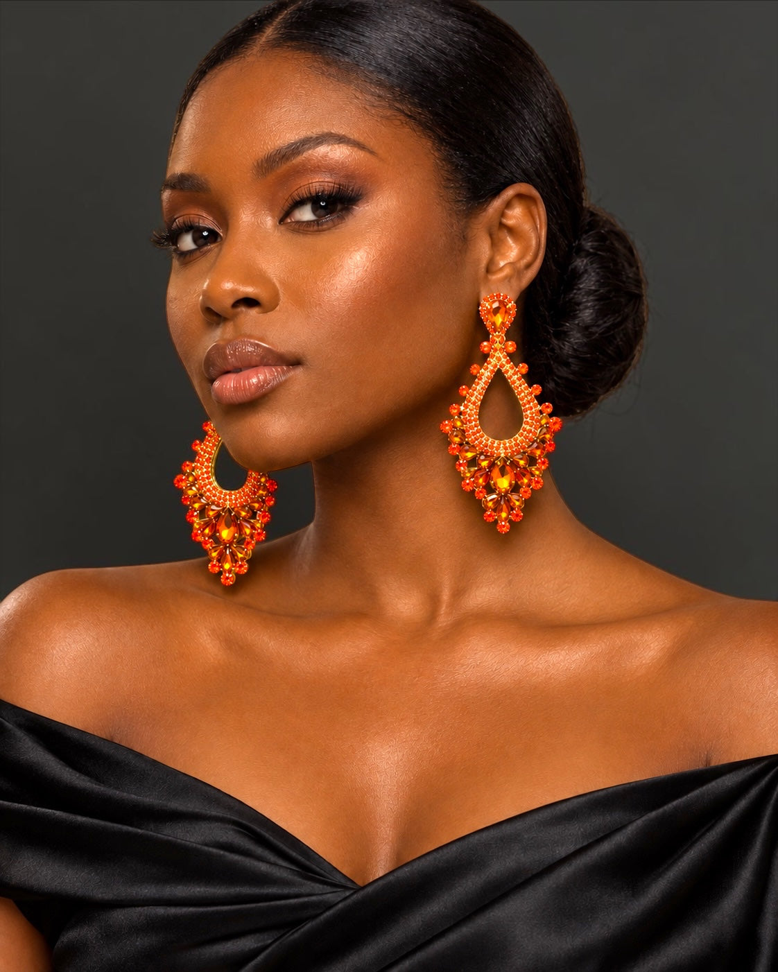 Orange Rhinestone Teardrop Statement Earrings - Fatisha Boutique Fatisha Boutique