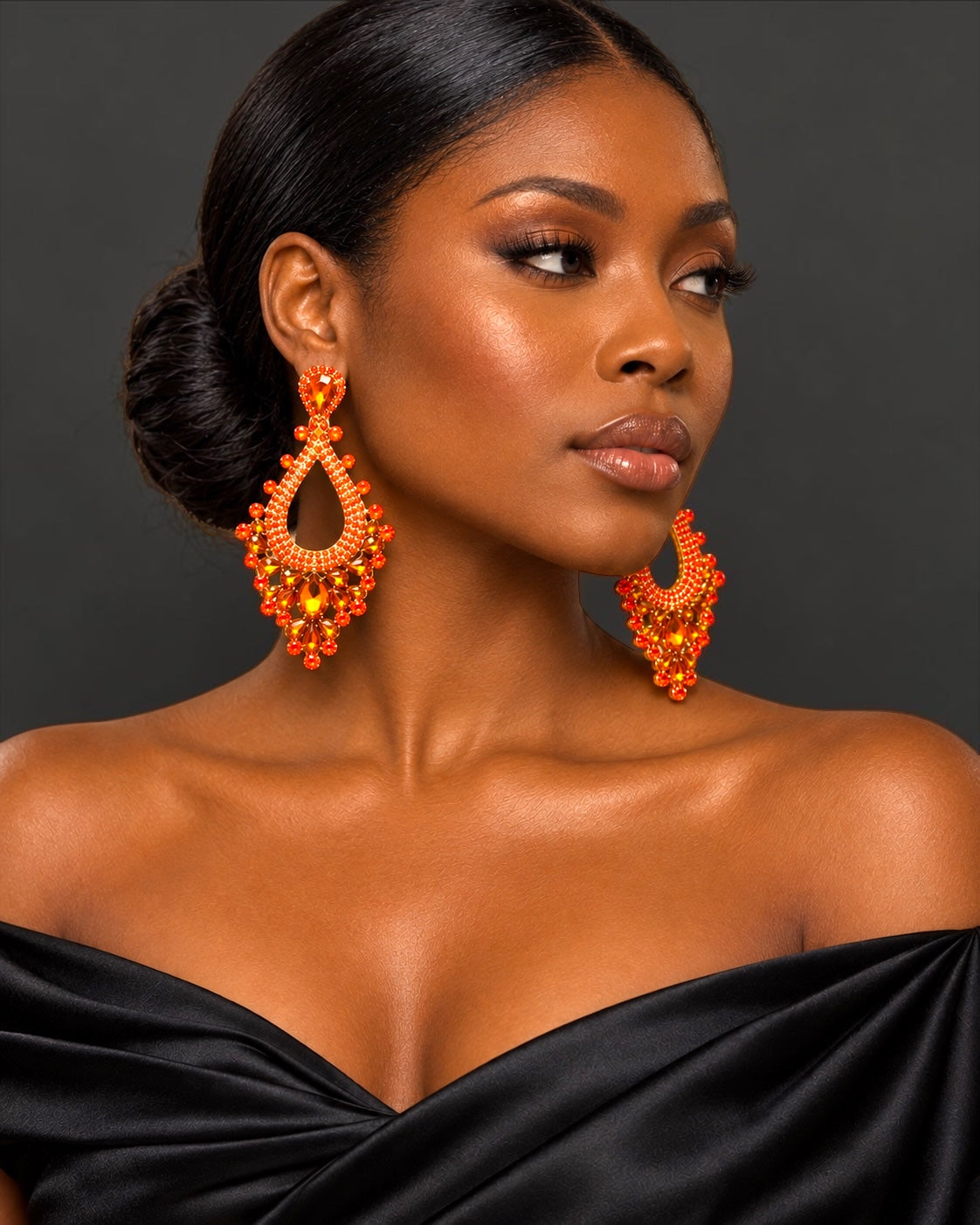 Orange Rhinestone Teardrop Statement Earrings - Fatisha Boutique Fatisha Boutique