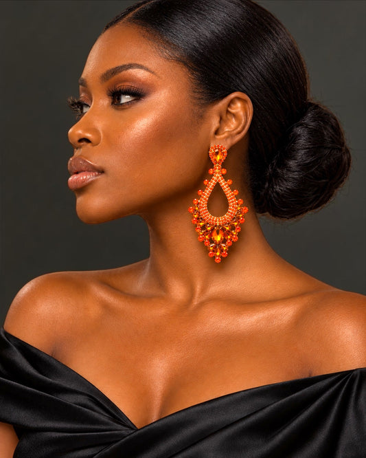 Orange Rhinestone Teardrop Statement Earrings - Fatisha Boutique