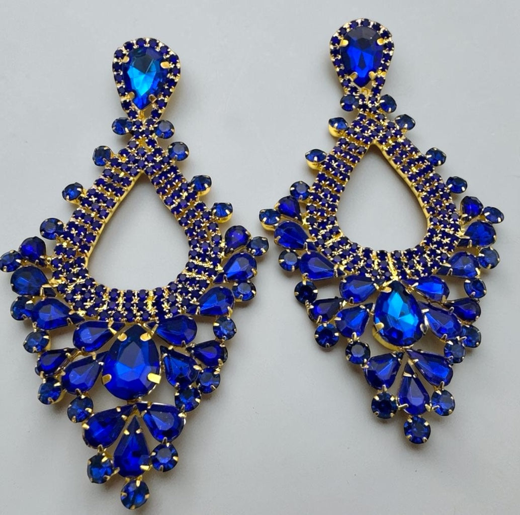 Royal Blue Rhinestone Teardrop Statement Earrings - Fatisha Boutique Fatisha Boutique