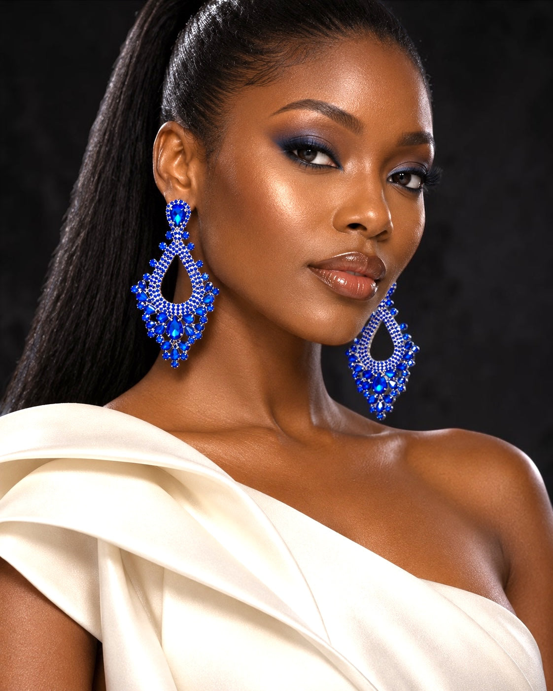 Royal Blue Rhinestone Teardrop Statement Earrings - Fatisha Boutique Fatisha Boutique