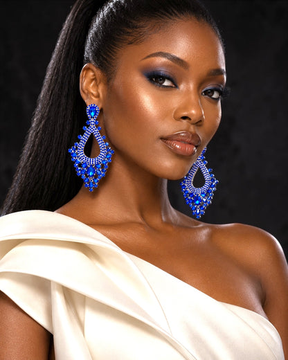 Royal Blue Rhinestone Teardrop Statement Earrings - Fatisha Boutique