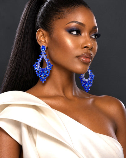 Royal Blue Rhinestone Teardrop Statement Earrings - Fatisha Boutique