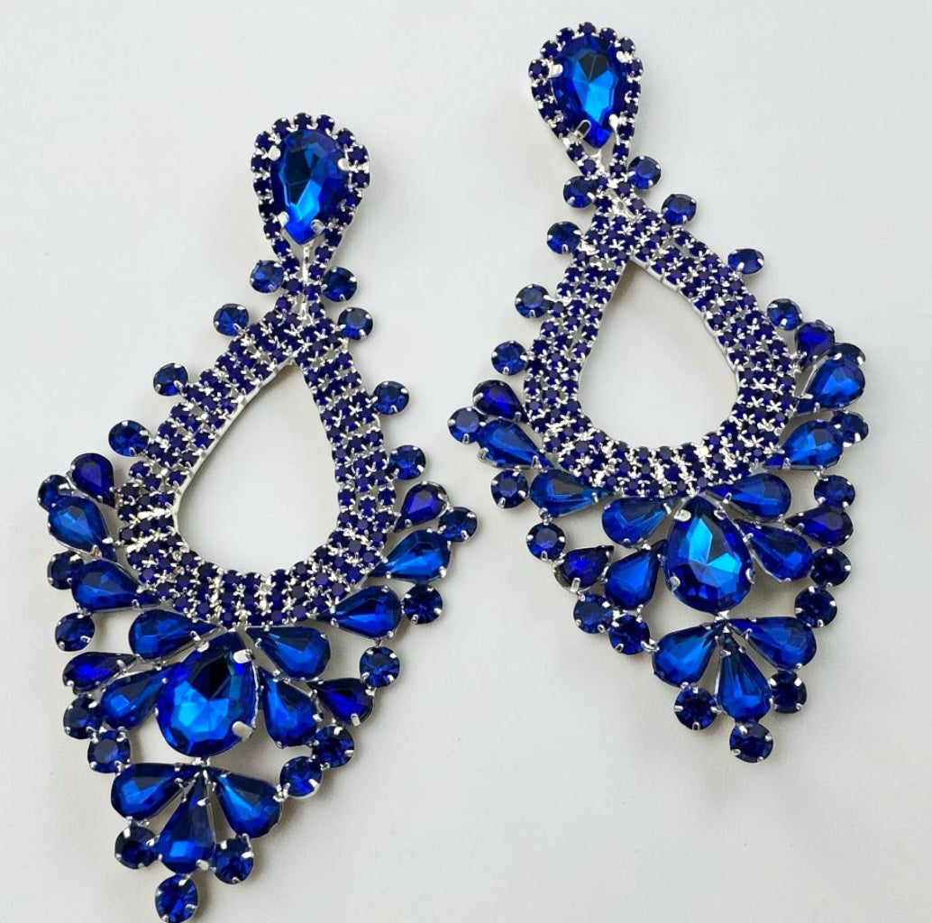 Royal Blue Rhinestone Teardrop Statement Earrings - Fatisha Boutique