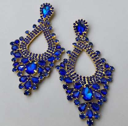 Royal Blue Rhinestone Teardrop Statement Earrings - Fatisha Boutique