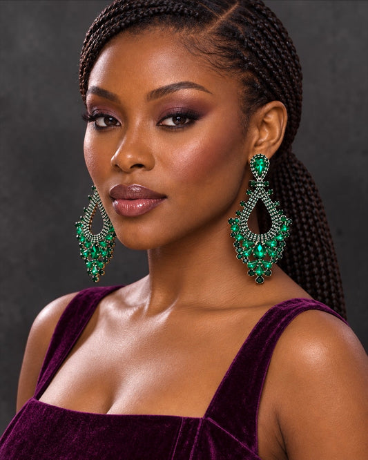 Emerald Green Rhinestone Teardrop Statement Earrings - Fatisha Boutique