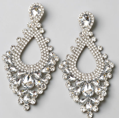 White Rhinestone Teardrop Statement Chandelier Earrings