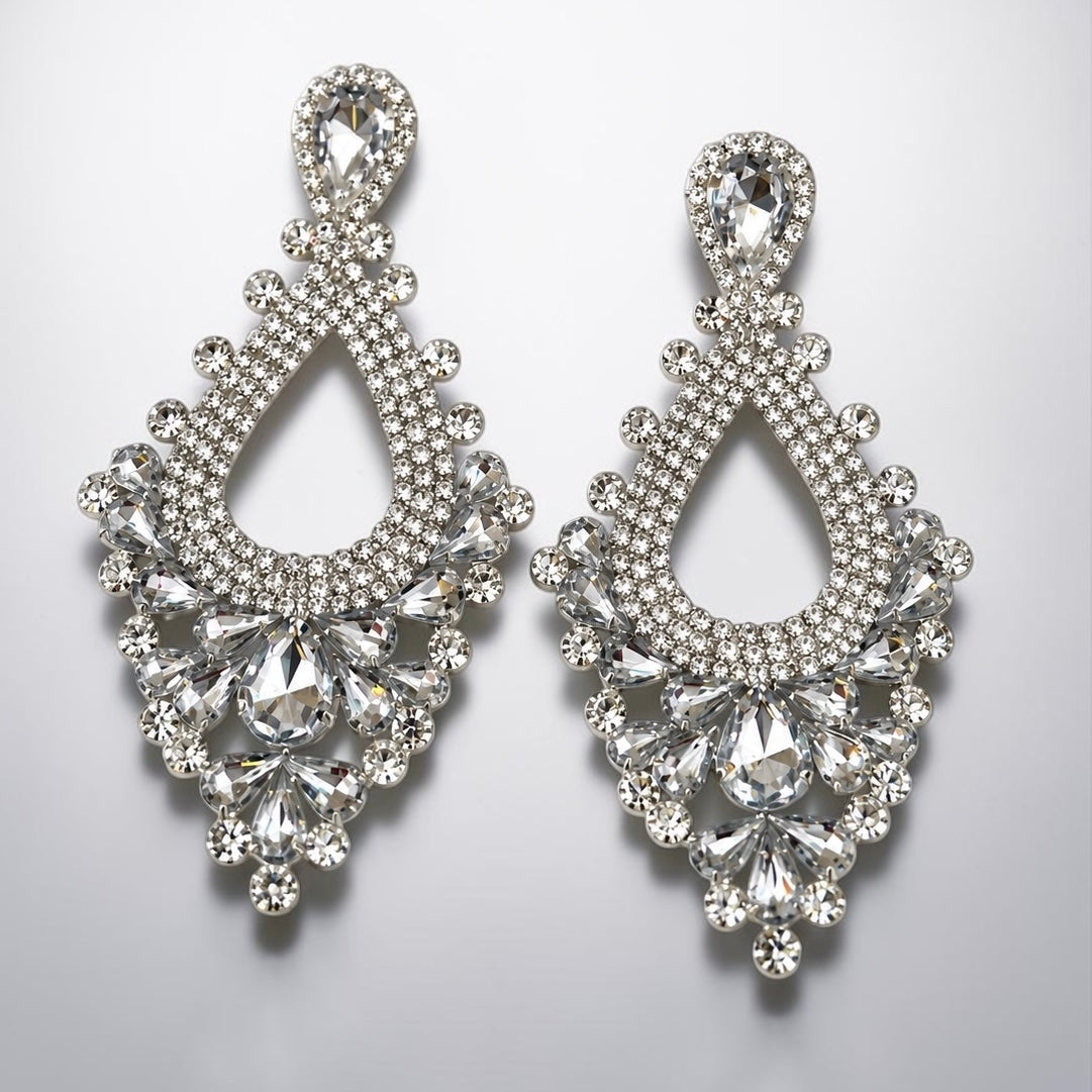 White Rhinestone Teardrop Statement Chandelier Earrings Fatisha Boutique